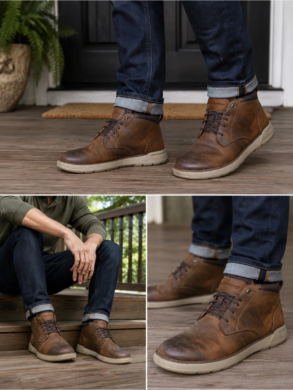 Skechers Men’s Brown Leather Chukka Boots Comfort Casual Lace-Up Ankle Shoes